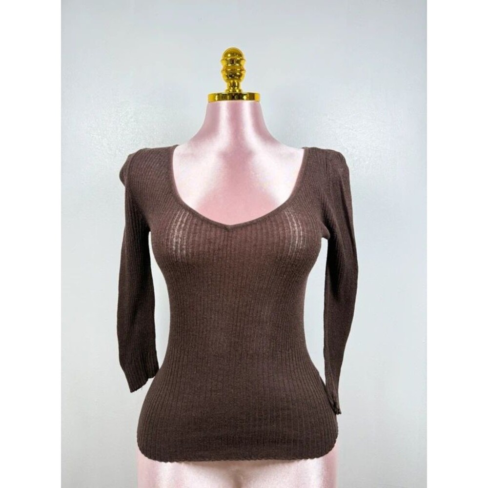 Vintage Brown Ribbed Knit Scoop Neck 3/4 Sleeve Sweater Top Women’s Size M